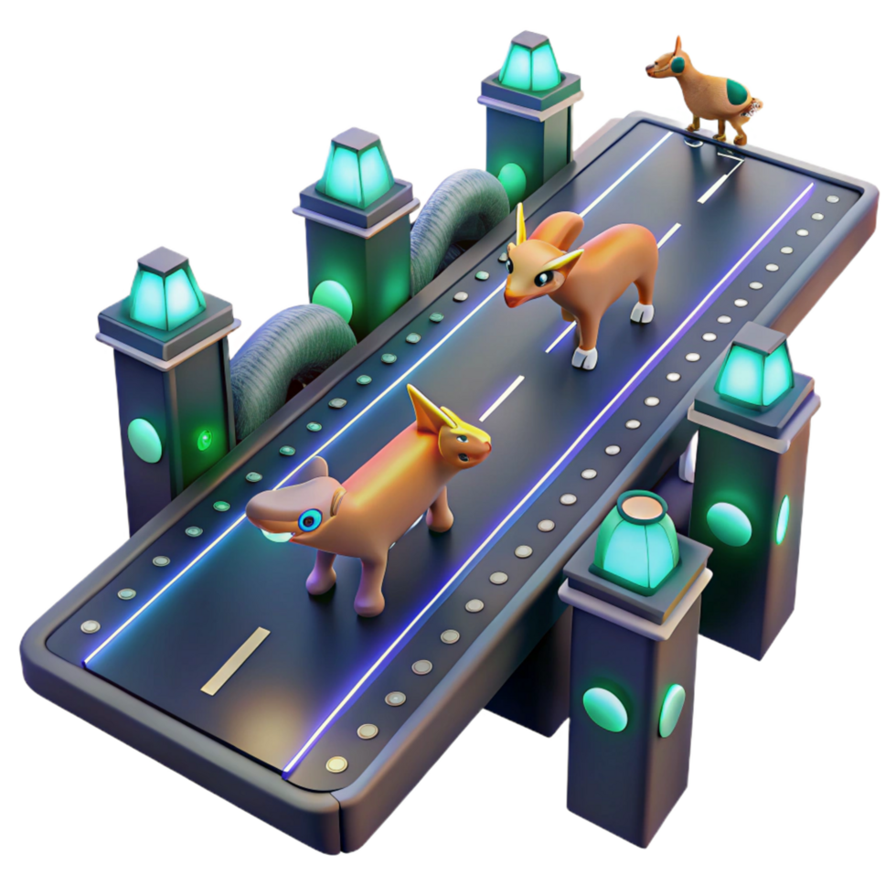 stunning traditional Stylized Creatures Crossing Neon Road detailed png
