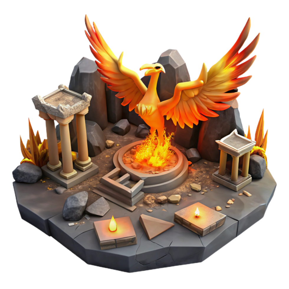 magnificent abstract Mythical Phoenix in Ancient Ruins 3D Render detailed png