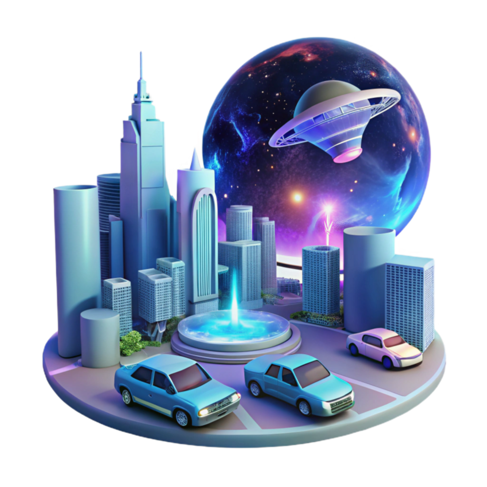 wonderful artistic Futuristic Cityscape with UFO and Energy Beam detailed png