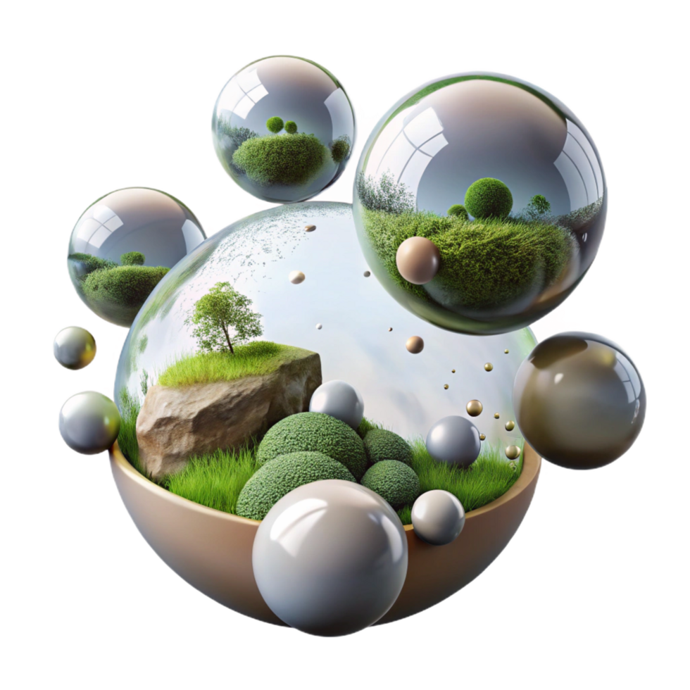serene minimalist Surreal Landscape Floating Spheres and Miniature Ecosystems professional png