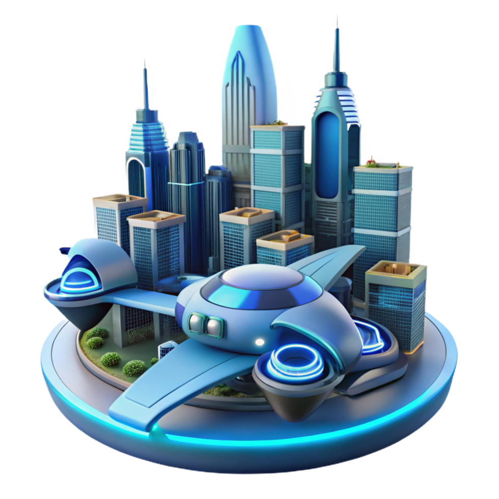impressive rustic Futuristic Cityscape with Flying Vehicle high resolution png