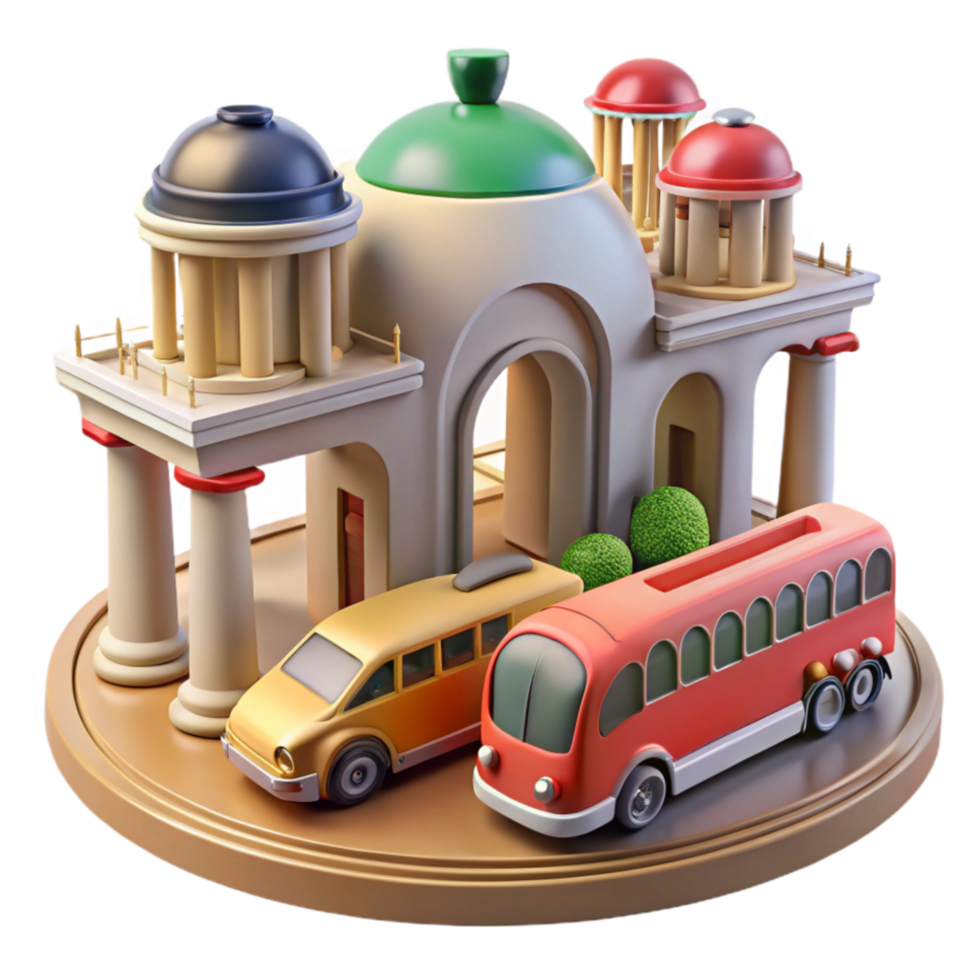 stunning vintage Cartoon City Transport Hub Buses, Cars, and Classical Architecture genuine png