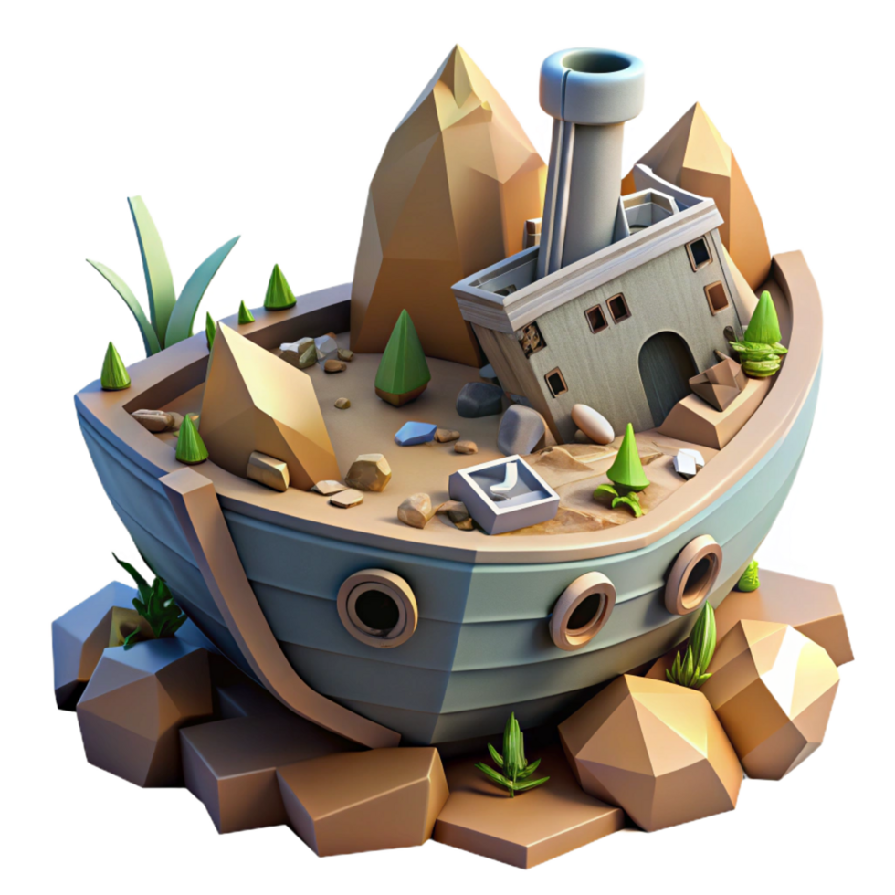 serene creative Low Poly Shipwreck Island Scene detailed png
