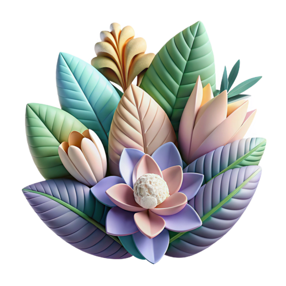 wonderful minimalist 3D Floral Arrangement Pastel Flowers and Leaves authentic png