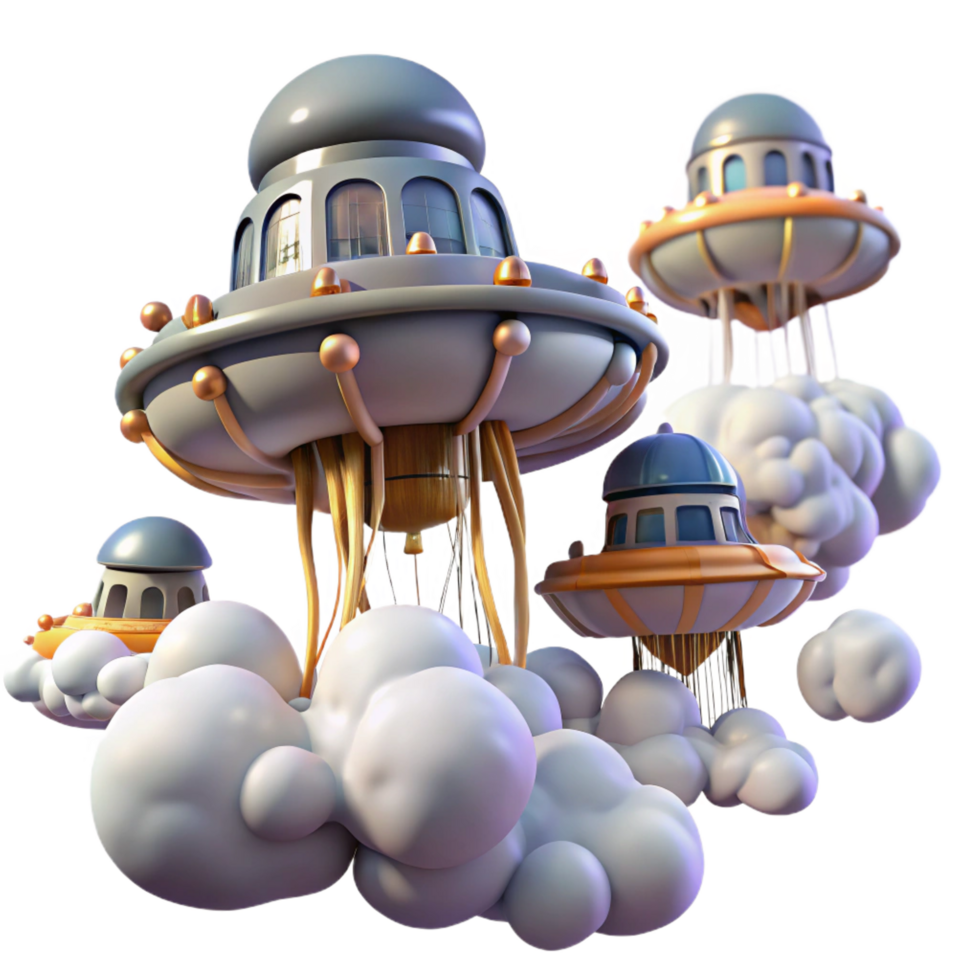 vibrant abstract Flying Saucers in the Clouds A 3D Render high resolution png