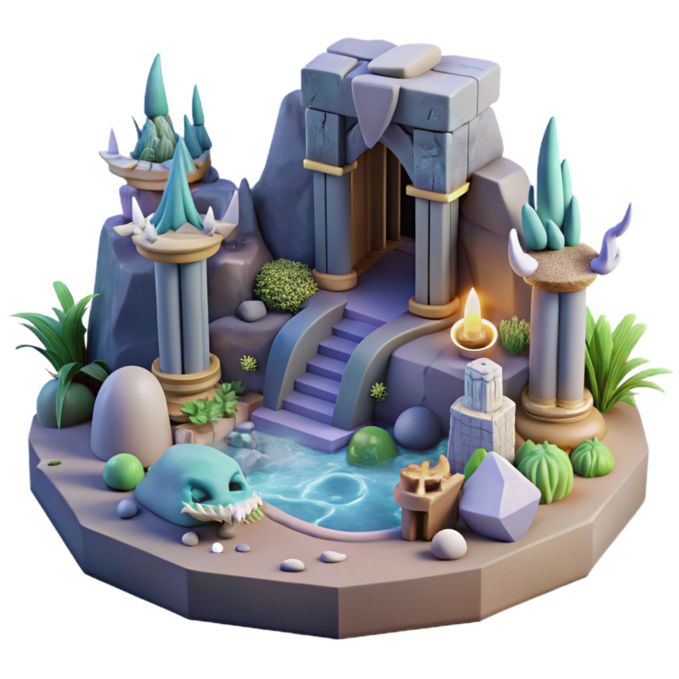 vibrant modern Mystical Stone Temple with Pool and Skull high resolution png