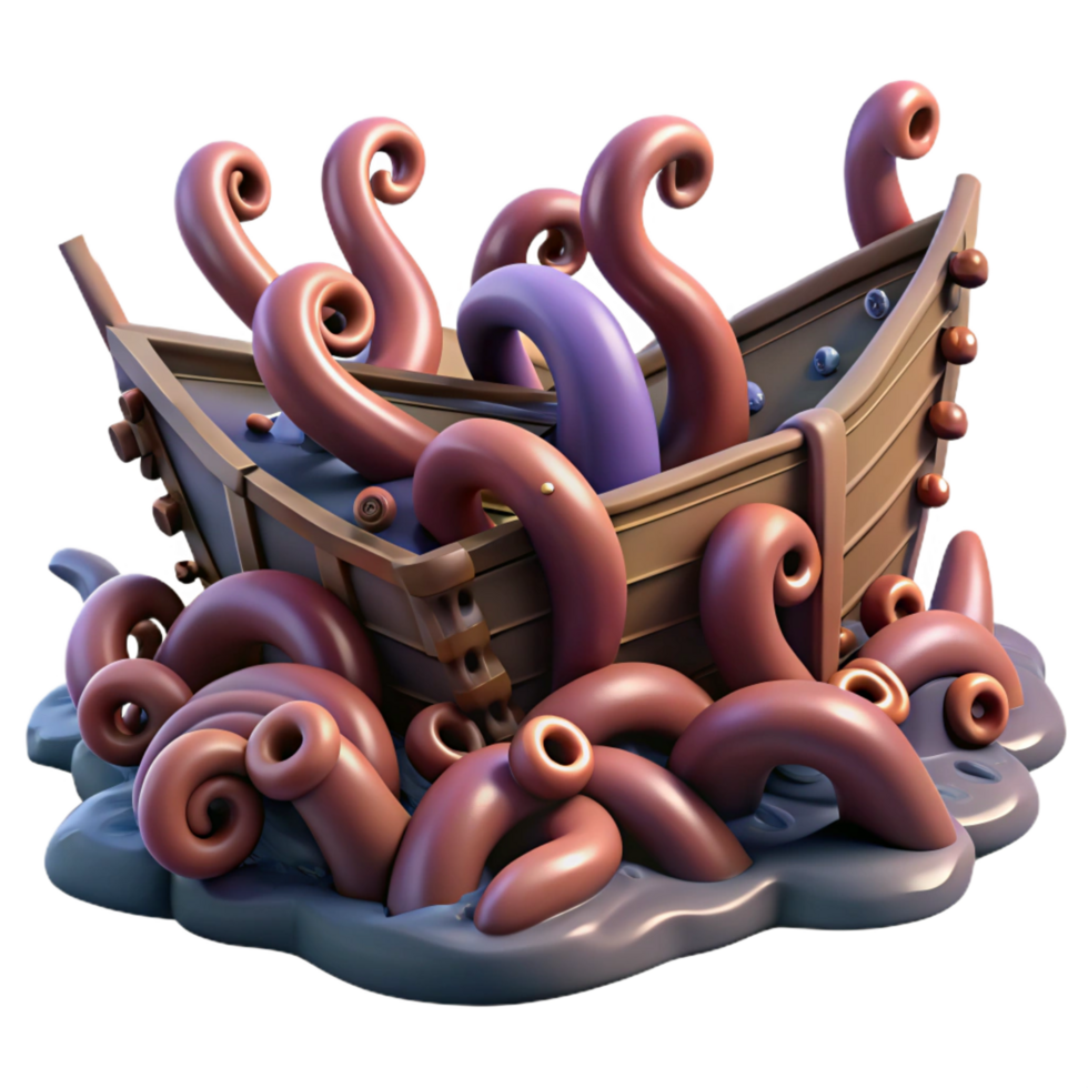 impressive creative Kraken Attacks Wooden Ship 3D Render premium png