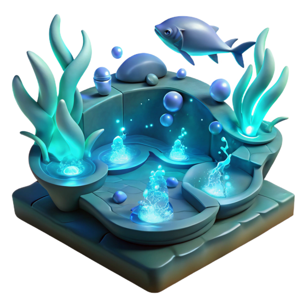 vibrant modern Enchanted Underwater Scene Glowing Plants, Fish, and Bubbles detailed png