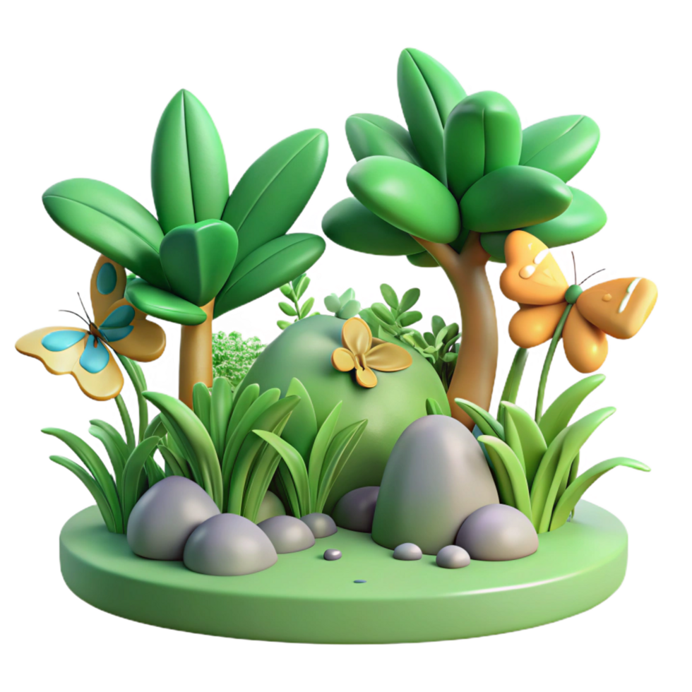 beautiful classic 3D Cartoon Nature Scene Butterflies, Trees, and Rocks high resolution png