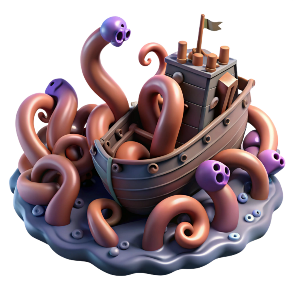 impressive artistic Octopus Attacking Wooden Ship 3D Render high resolution png