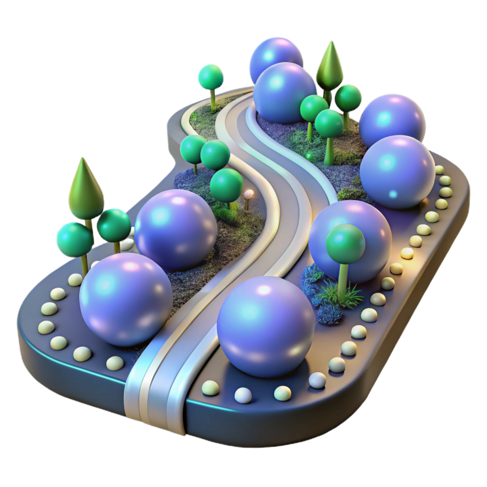 magnificent rustic Abstract Landscape Winding Path, Spheres, and Trees high quality png