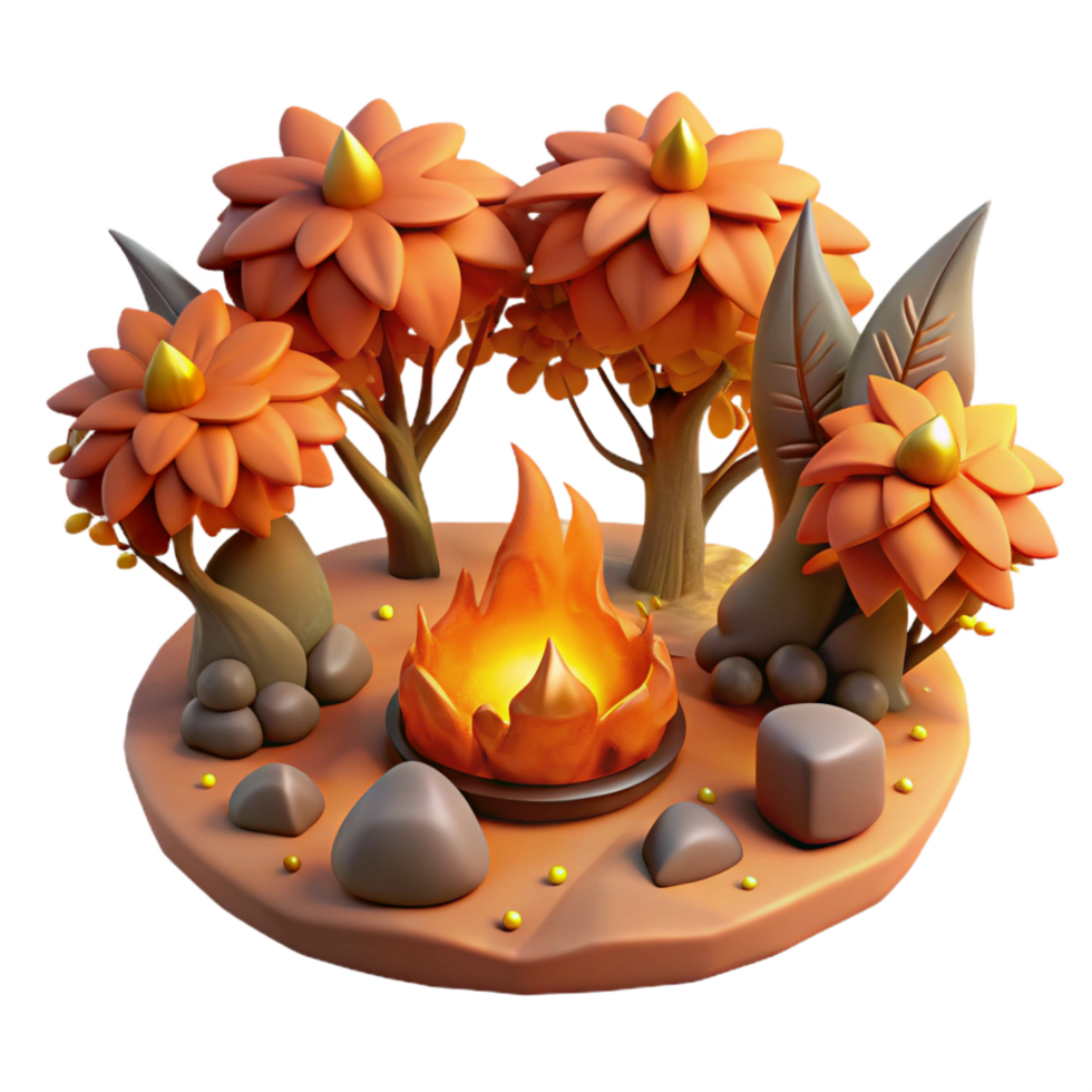 extraordinary rustic Autumn Campfire Scene 3D Render of Fantasy Forest detailed png