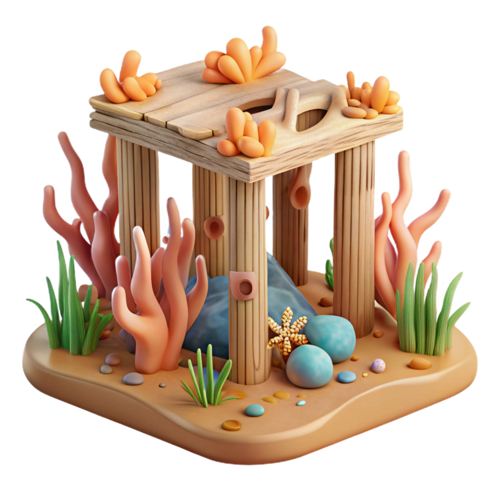 magnificent minimalist Undersea Wooden Structure with Coral Reef 4K png
