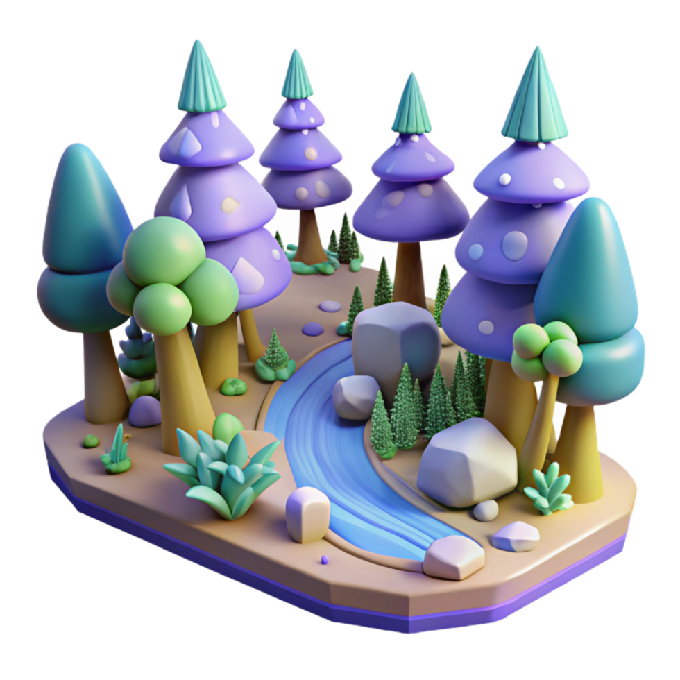 serene minimalist Whimsical 3D Forest Scene Cartoon Trees, River, Rocks detailed png