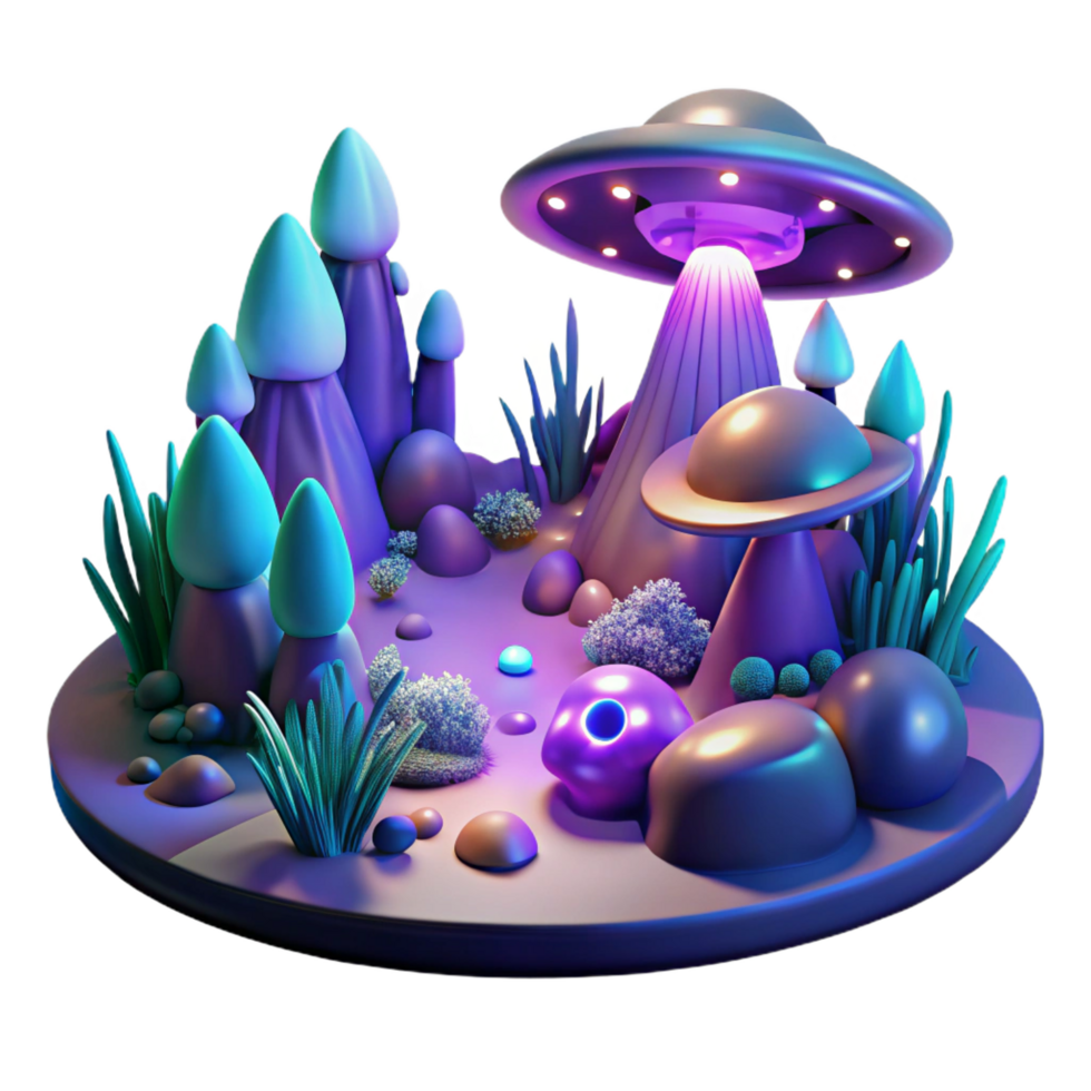 serene contemporary Alien Landscape UFO, Fantasy Flora Glowing Rocks high resolution png