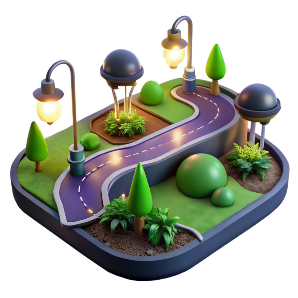 dramatic minimalist Night Park Pathway, 3D Render, Illuminated Road, Green Landscape detailed png