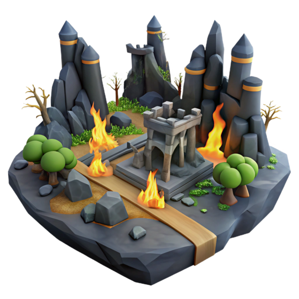 extraordinary minimalist Burning Fortress 3D Stylized Game Environment high resolution png