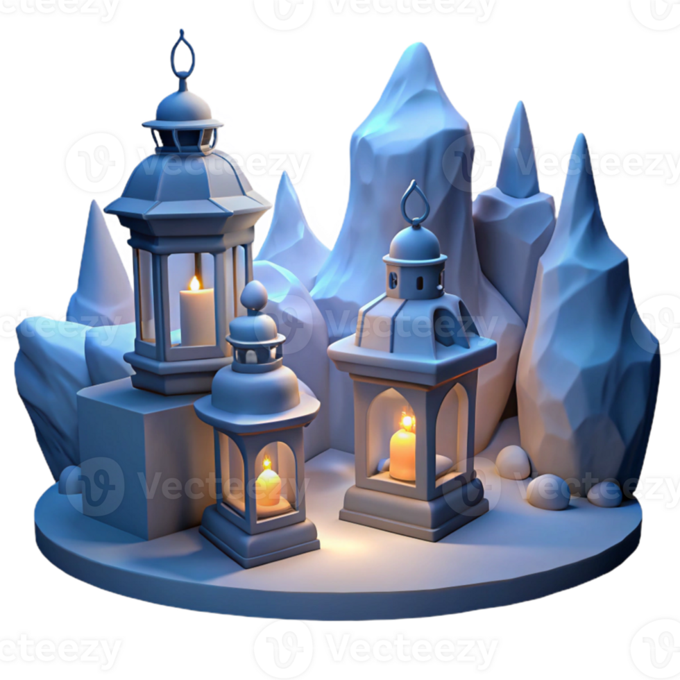 wonderful classic 3D Render Lanterns and Rocks Scene high resolution png