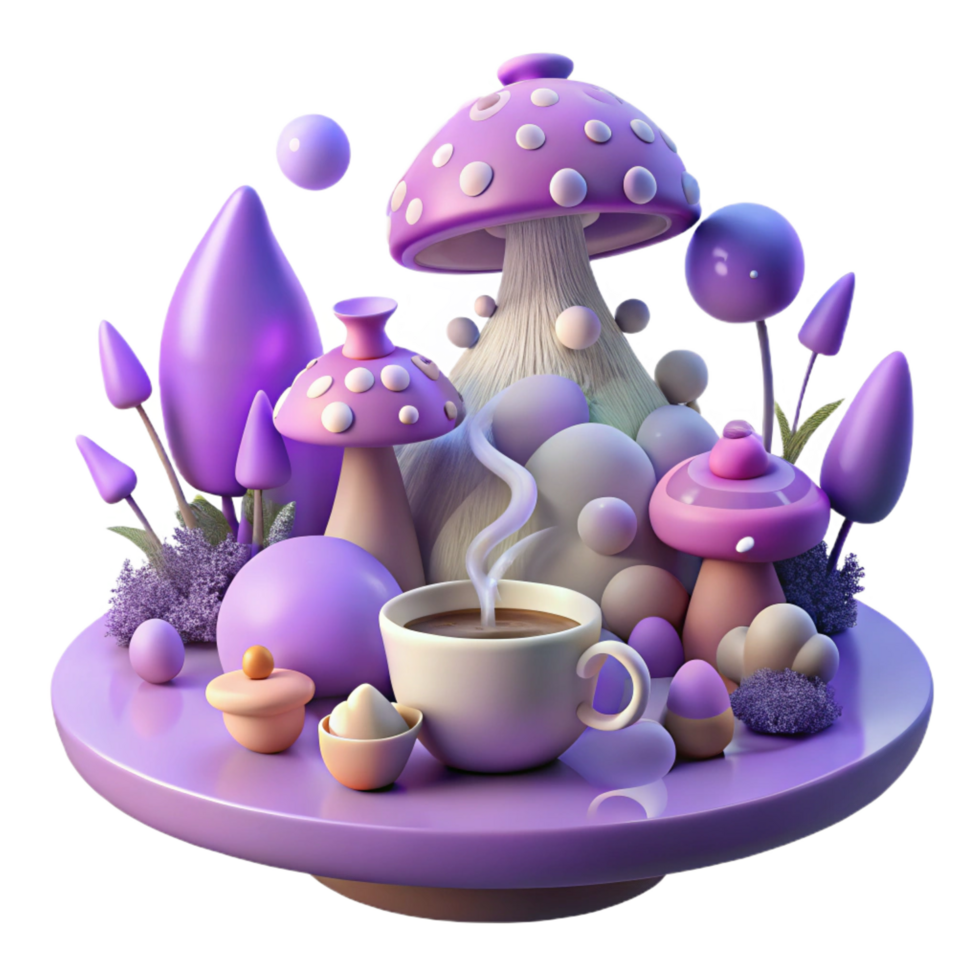 beautiful classic Whimsical Mushroom Coffee Scene 3D Render detailed png
