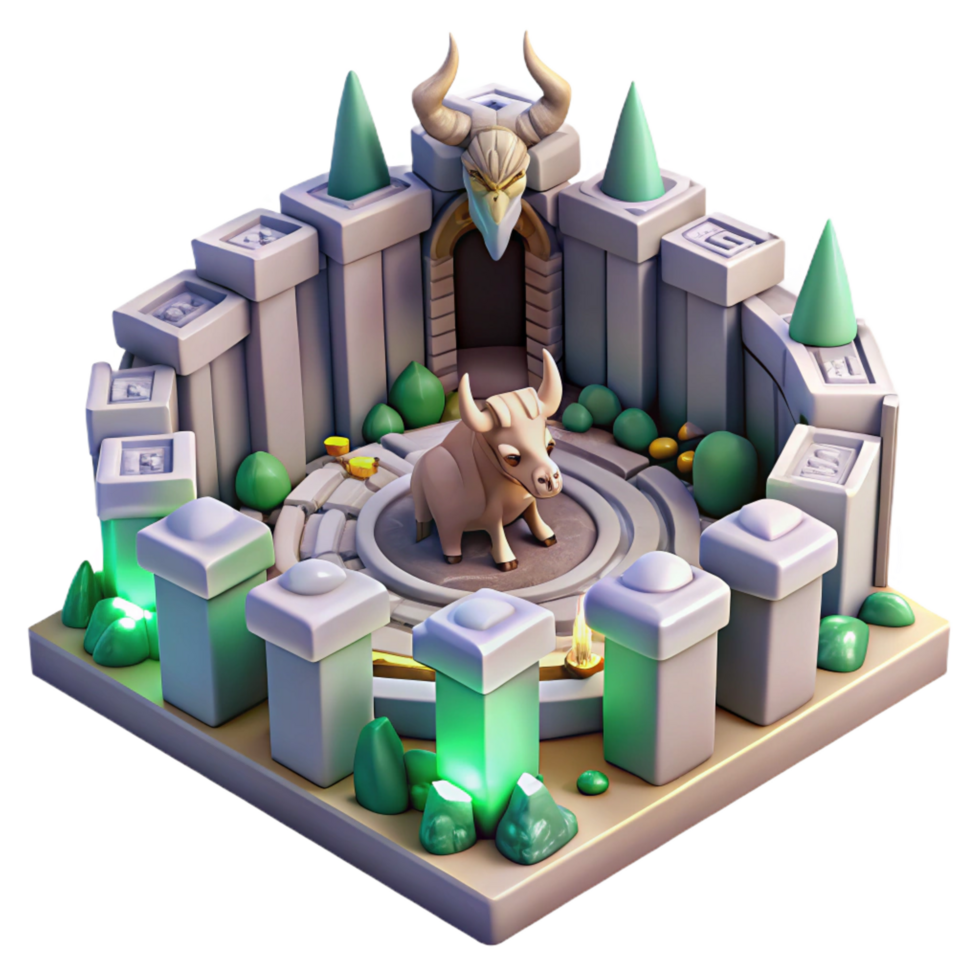 extraordinary modern Mythical Bull Shrine 3D Render of Ancient Temple detailed png