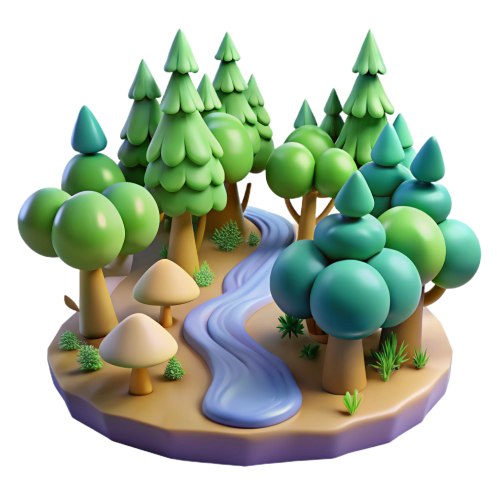 stunning vintage Cartoon Forest Scene 3D Render of Trees, River, and Mushrooms high resolution png
