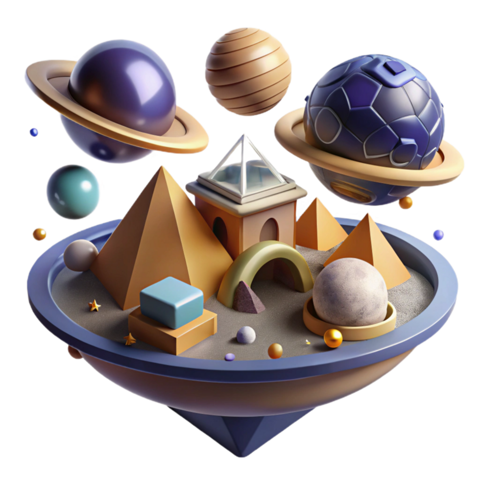 elegant creative Surreal 3D Render Planets, Pyramids, and Geometric Forms detailed png