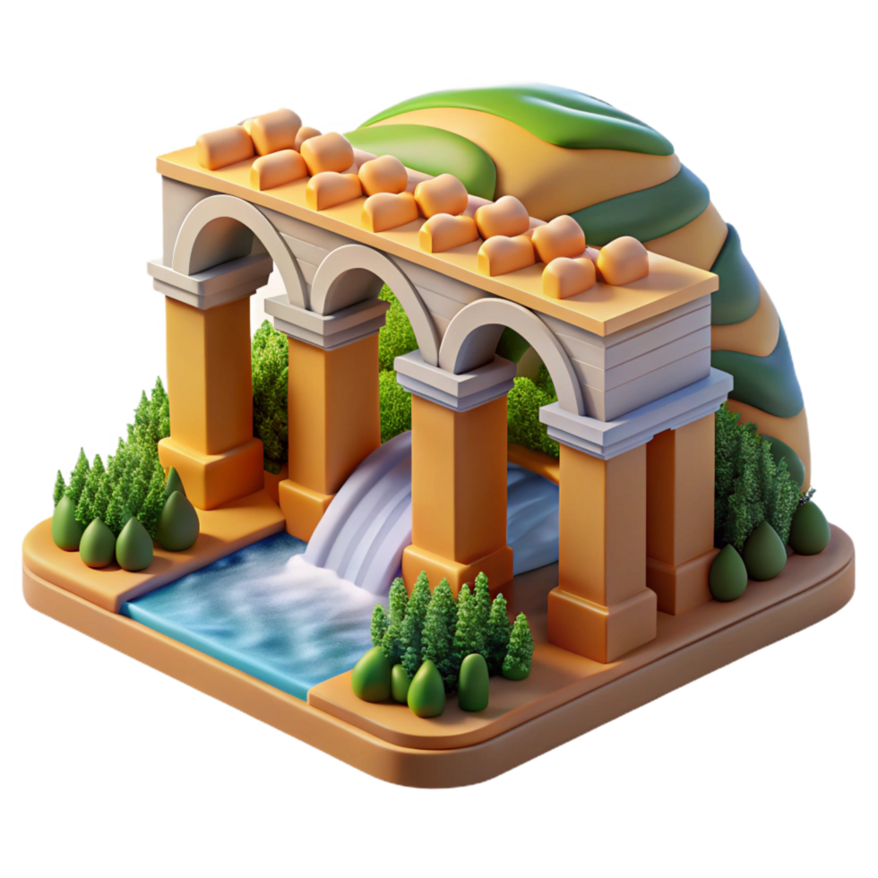 wonderful contemporary Arch Bridge, Waterfall, 3D Render, Landscape, Scenic, Nature, Architecture, Design, Isometric, Illustration 4K png