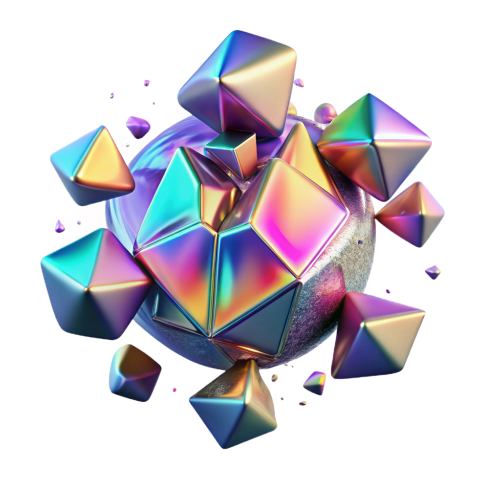 stunning modern Iridescent Geometric Shapes Exploding from Sphere authentic png