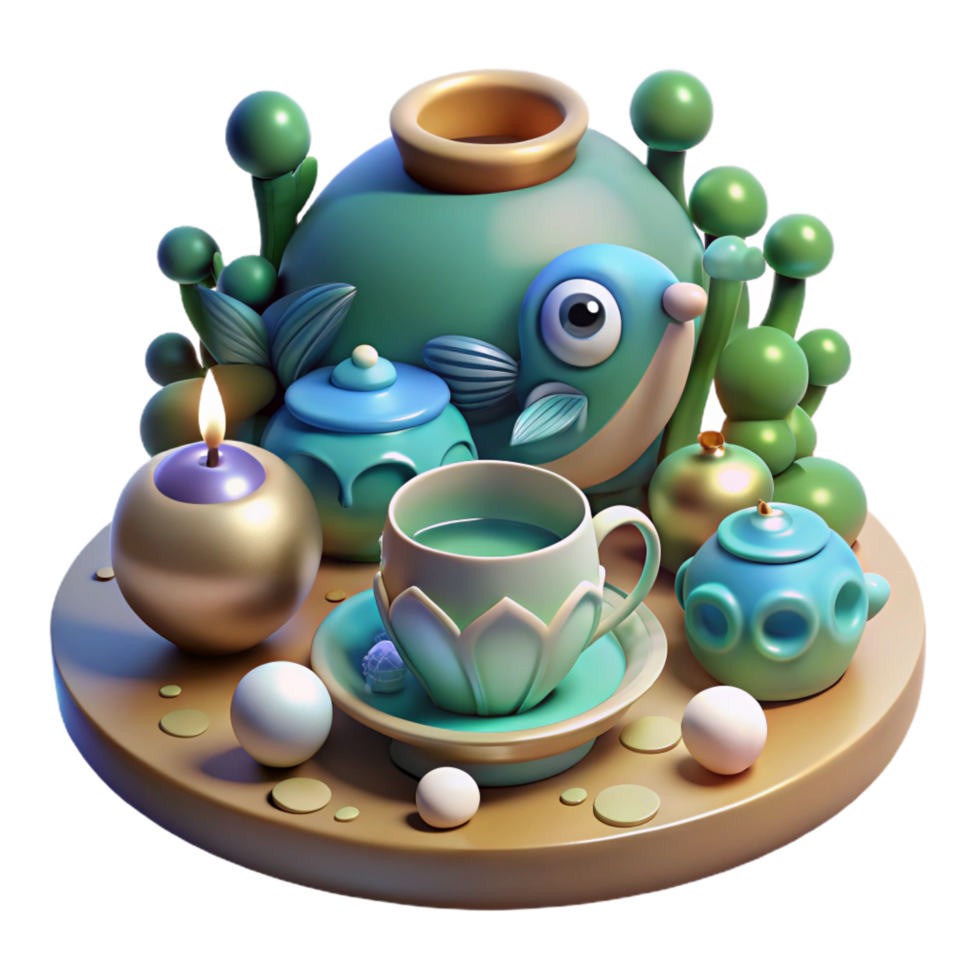 stunning modern Serene Tea Ceremony 3D Render of Whimsical Tea Set detailed png