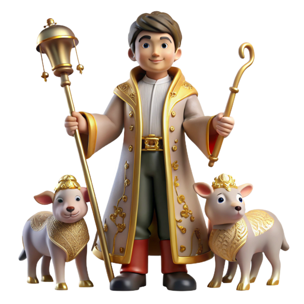 serene contemporary 3D Render of Shepherd with Lambs and Staff authentic png