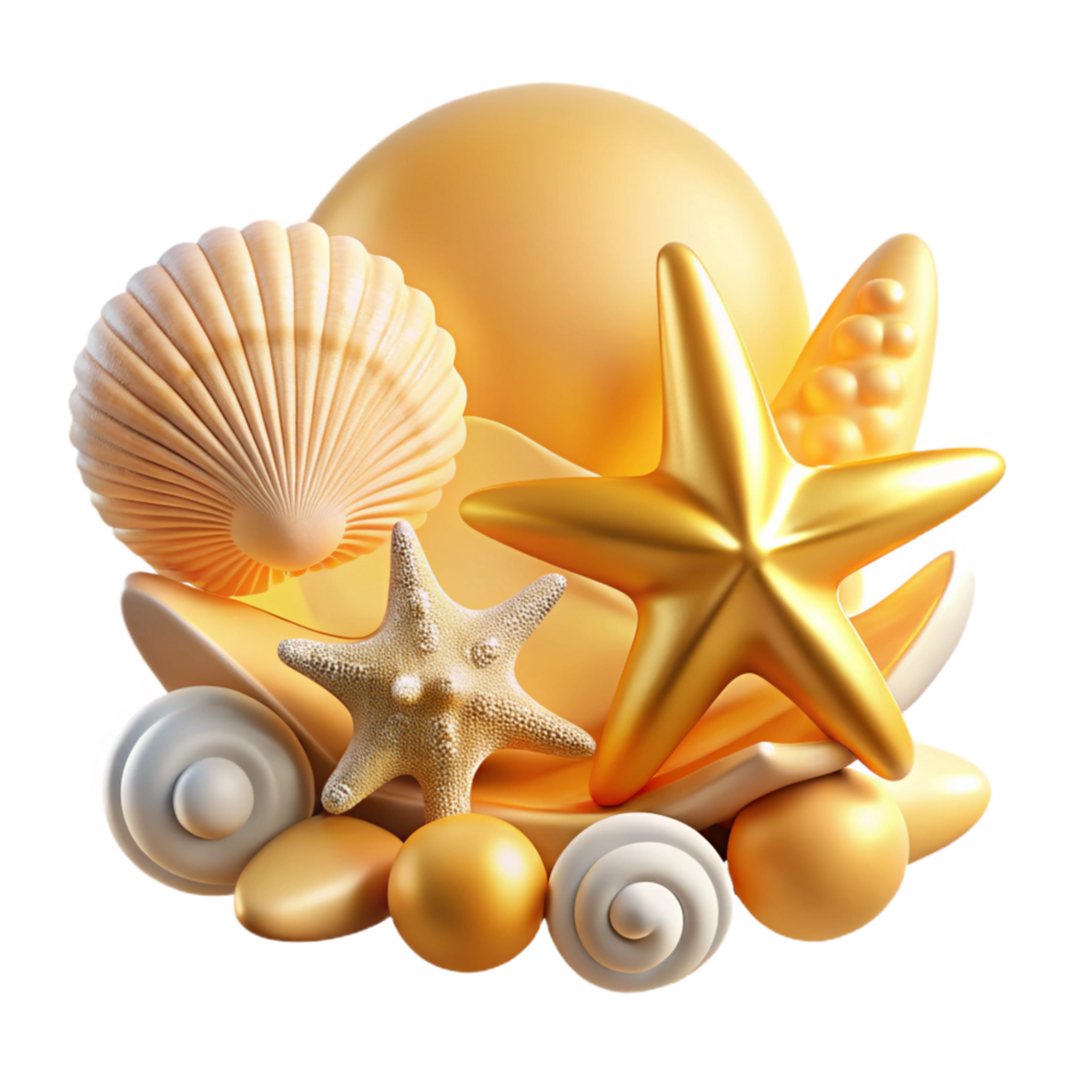 stunning abstract Golden Seashells, Starfish Ocean Dreams detailed png