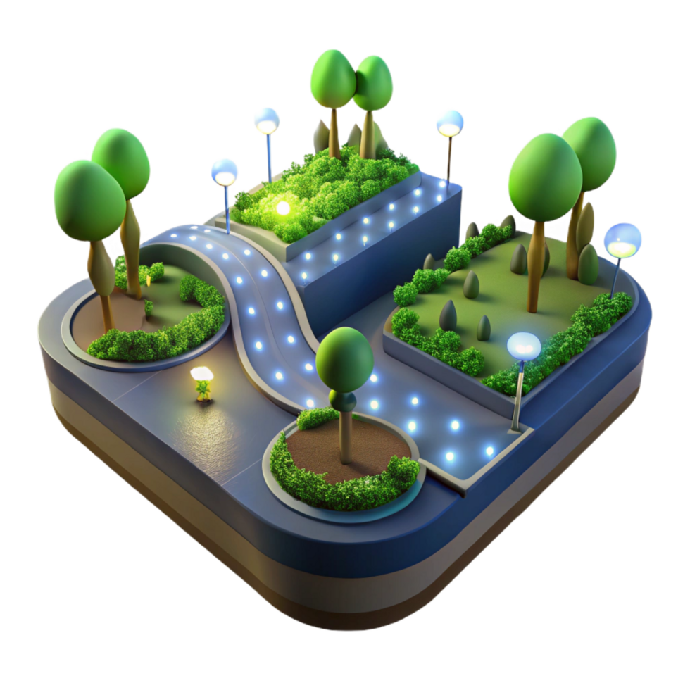 elegant traditional Night Park Illuminated Pathways, Lush Greenery high resolution png