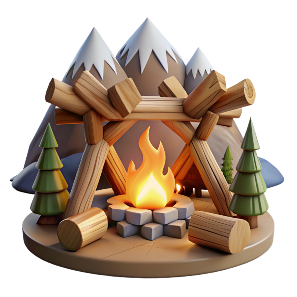 wonderful vintage Campfire Scene Mountains, Trees, and a Cozy Fire authentic png