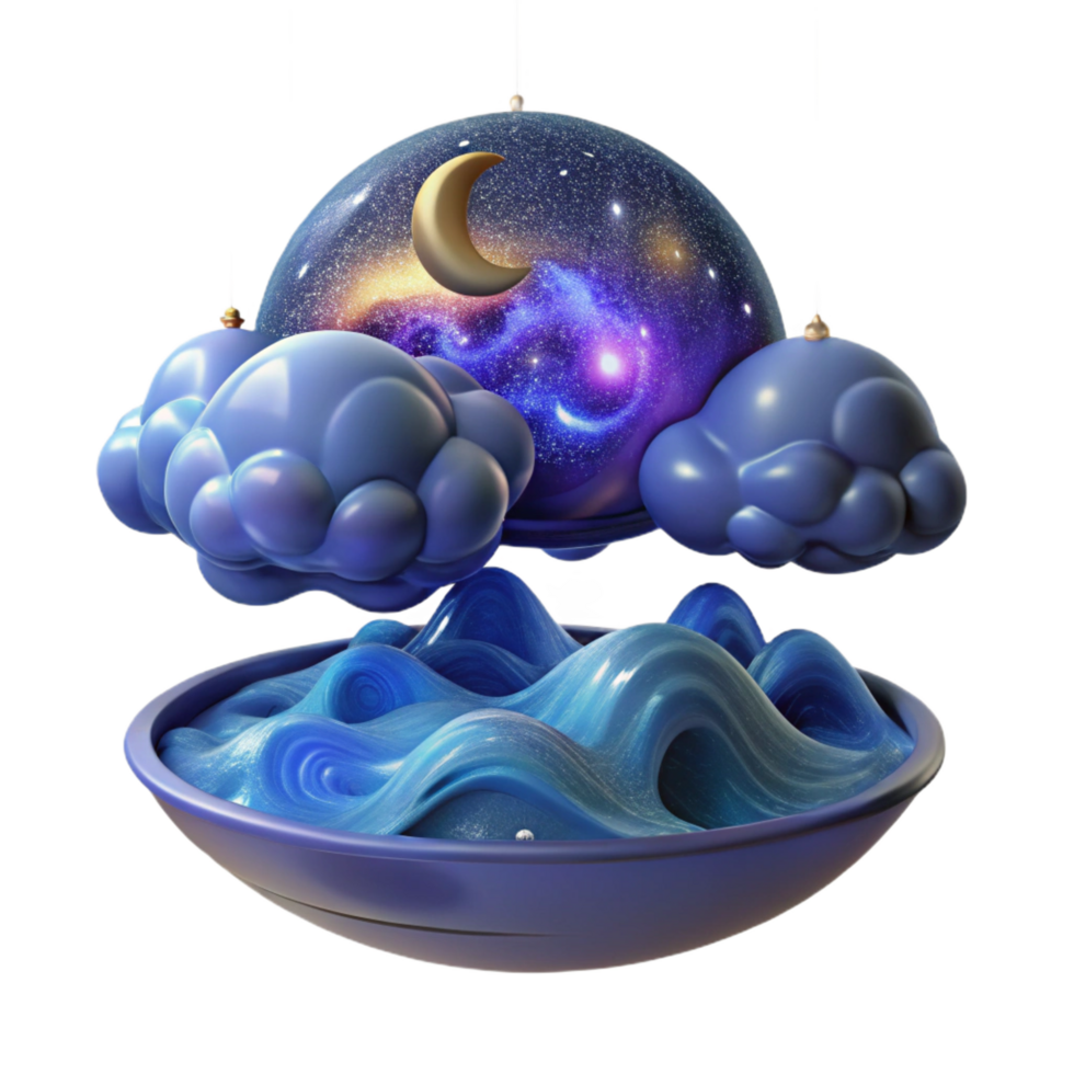 dramatic artistic Celestial Ocean 3D Render of Night Sky, Clouds, and Waves original png
