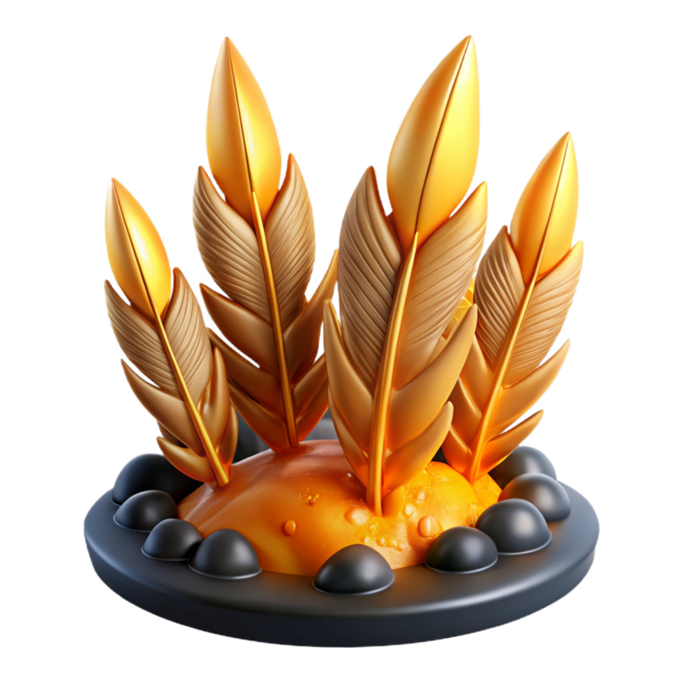 dramatic creative Golden Feathers on Dark Base 3D Render high resolution png