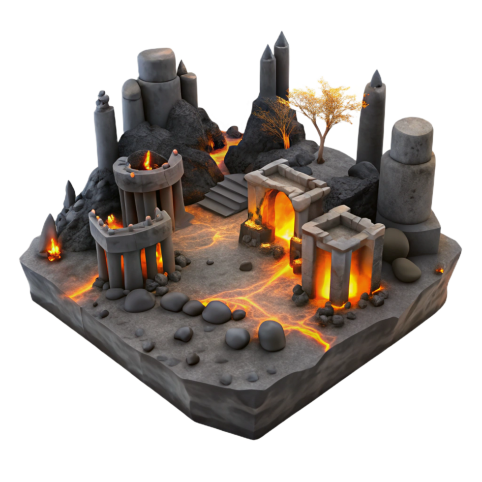 impressive creative Volcanic Ruins Ancient Stone Structures and Lava Flows high quality png