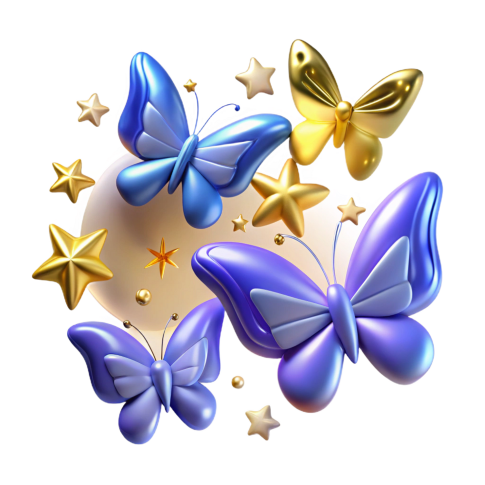 magnificent minimalist Shiny Butterflies and Stars 3D Render premium png