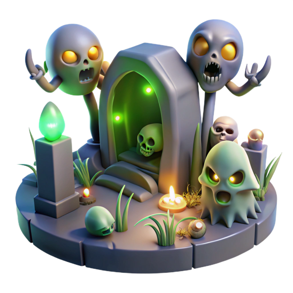 wonderful traditional Spooky Halloween Graveyard Scene with Glowing Skulls and Ghosts professional png