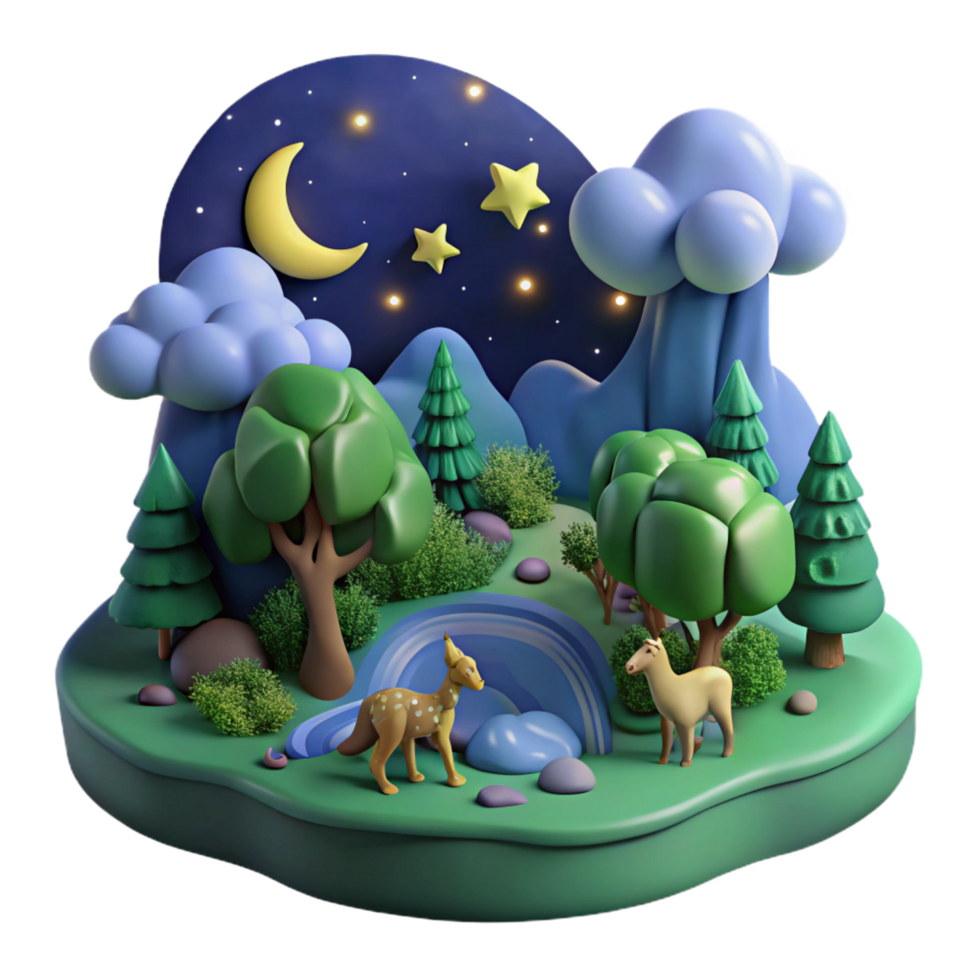 wonderful modern Nighttime Forest 3D Render Animals, Stars, Moon high resolution png