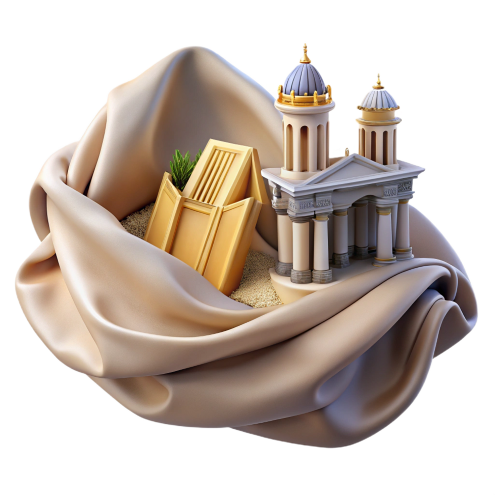 serene modern Ancient Architecture, Golden Artifact, Sand, Fabric Drape, 3D Render high quality png