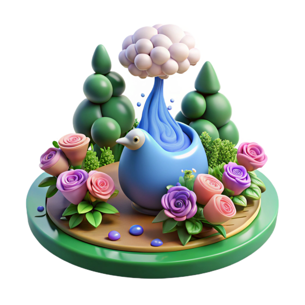 serene contemporary Whimsical 3D Bird, Flowers, and Cloud Scene high resolution png
