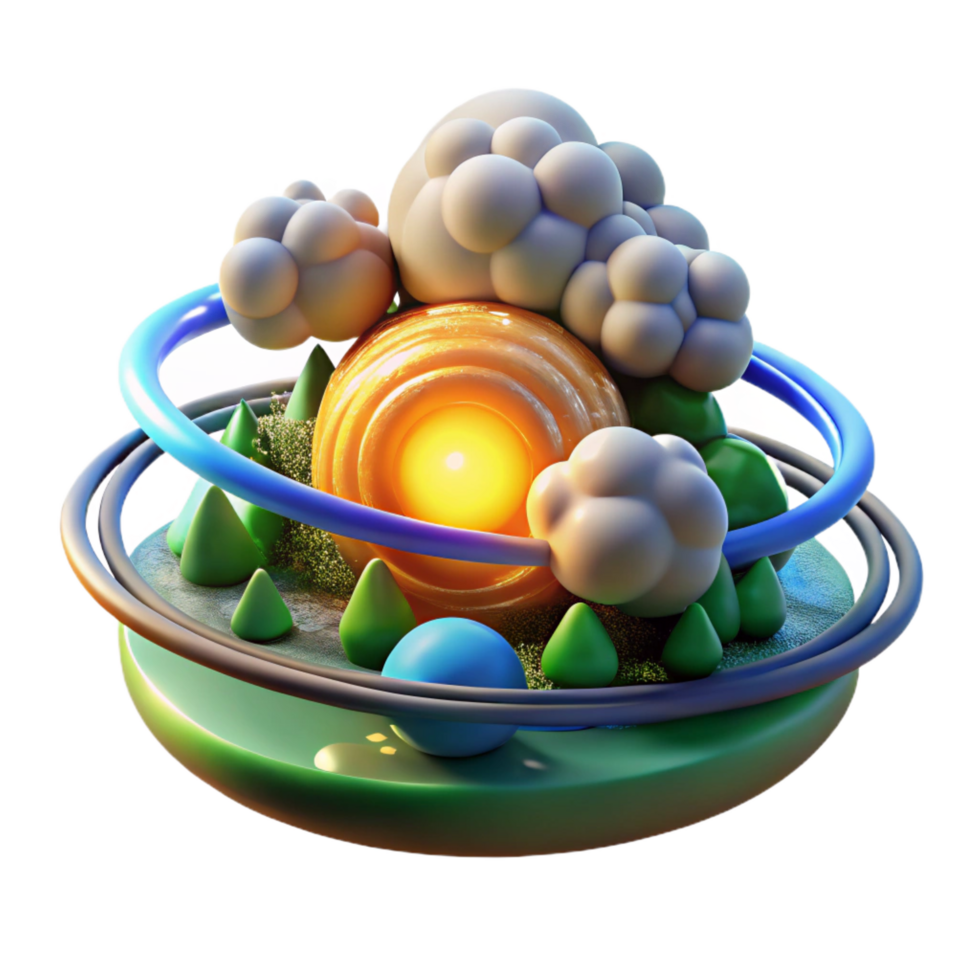 vibrant traditional Whimsical 3D Planet Sun, Clouds, and Landscape exclusive png