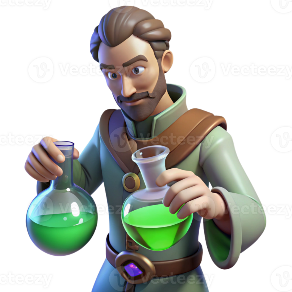 beautiful artistic 3D Alchemist Character Illustration Green Potion genuine png