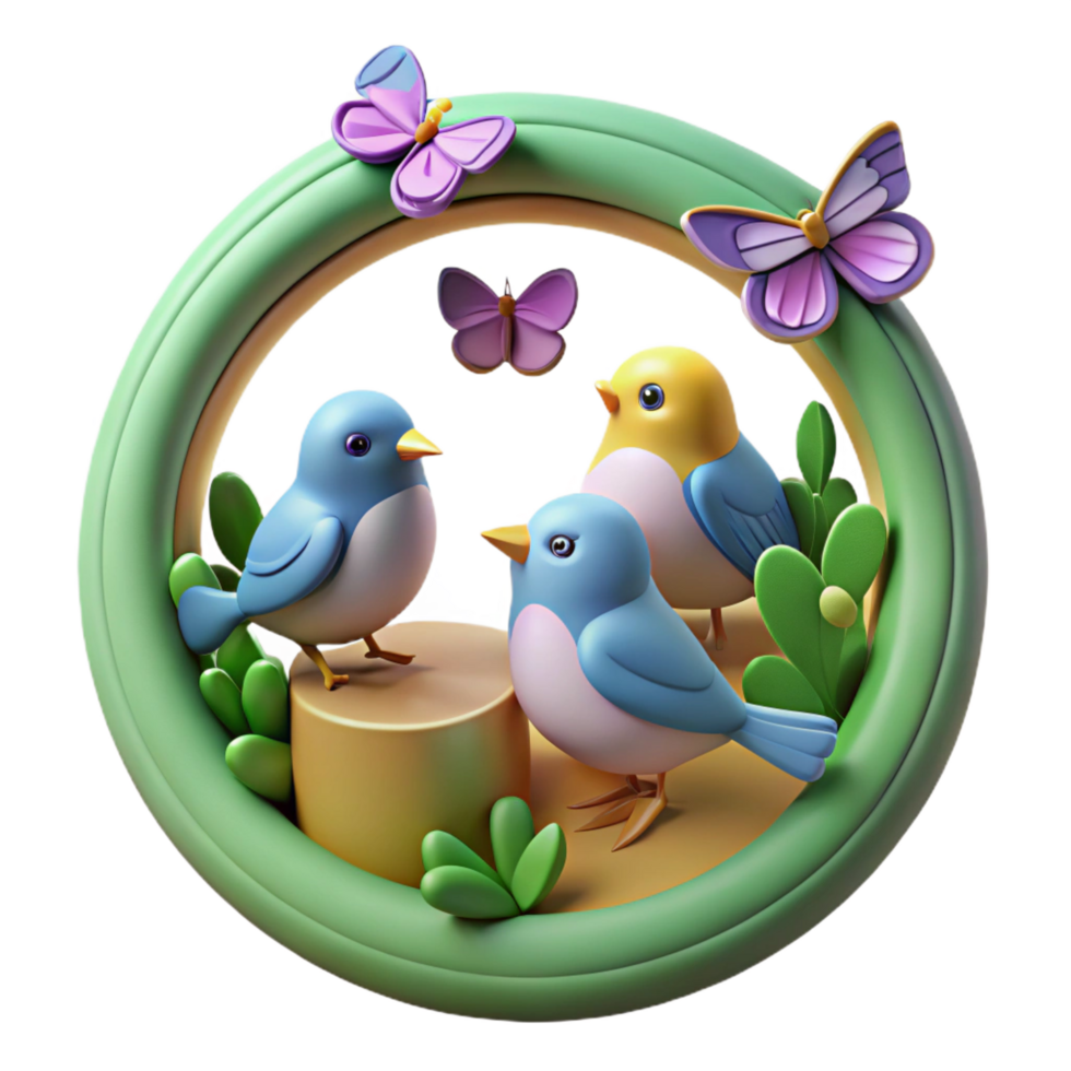 beautiful traditional Three Birds and Butterflies in Springtime premium png