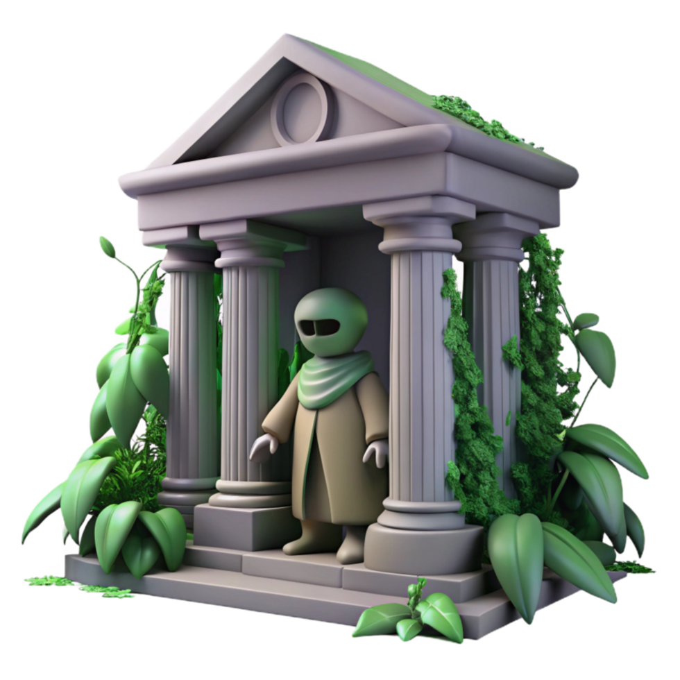 vibrant abstract Alien in Ancient Ruins 3D Render of Futuristic Figure in Overgrown Temple 4K png