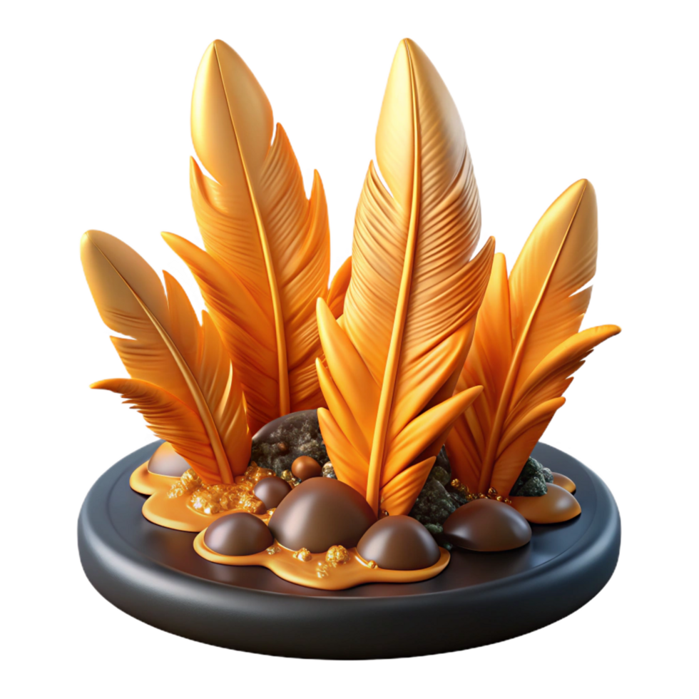 wonderful artistic Golden Feathers and Stones 3D Render authentic png