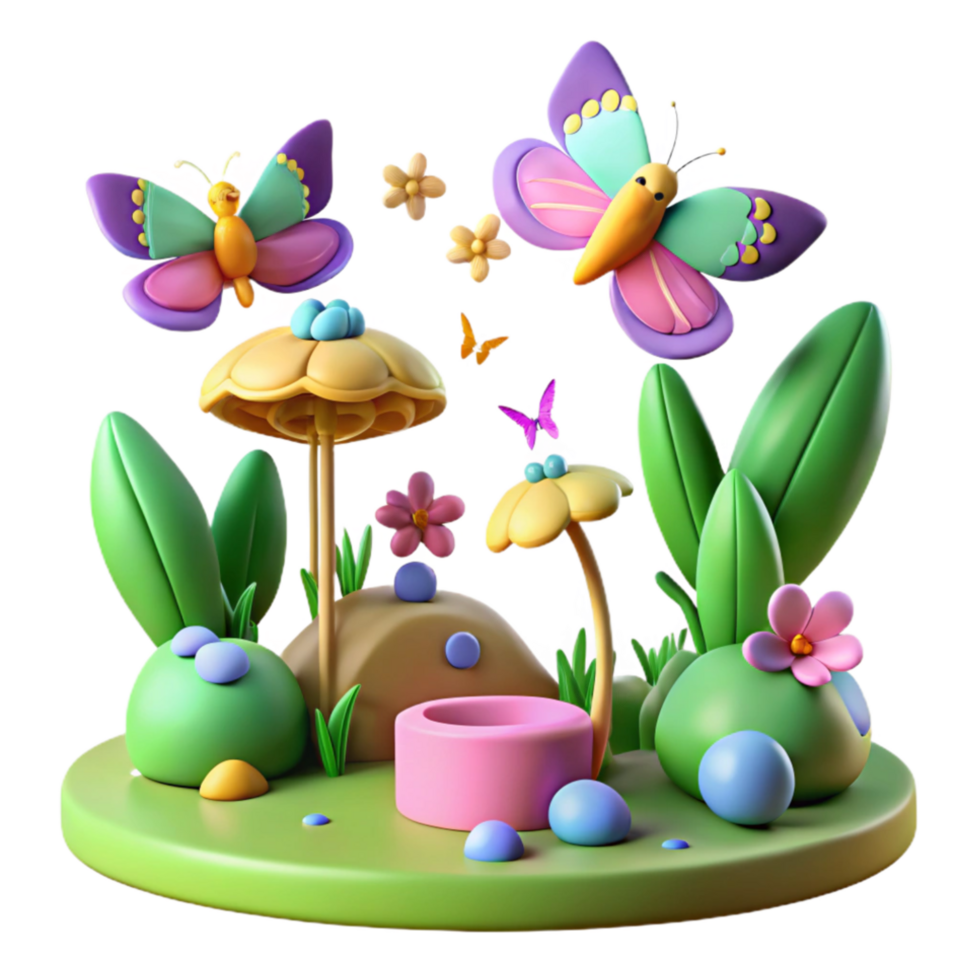 stunning classic Whimsical Butterfly Garden 3D Render of Cute Spring Scene high quality png
