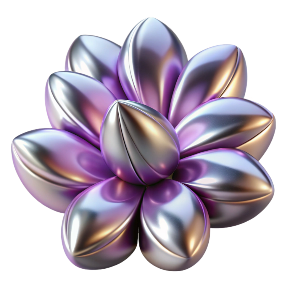 serene contemporary Metallic Flower Abstract 3D Render of a Shiny, Purple-Silver Bloom professional png