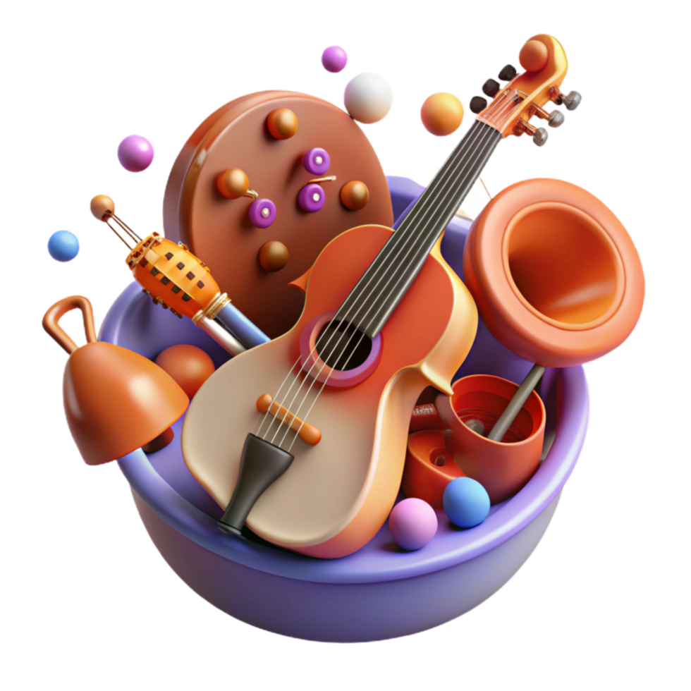 wonderful classic Vibrant 3D Musical Instruments in a Bowl 4K png