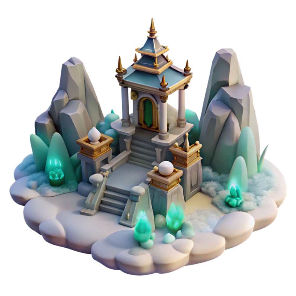 elegant rustic Enchanted Mountain Temple 3D Render detailed png